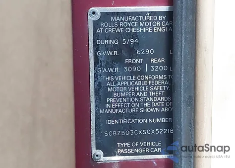 1995 Bentley Continental R из США, поврежденный, VIN SCBZB03CXSCX52218